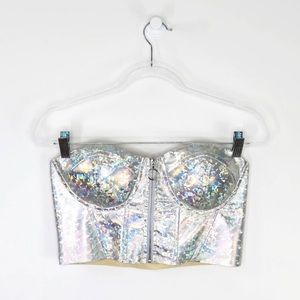 Holographic silver metallic zip up rave crop tube top corset